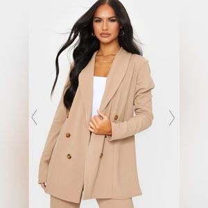 Camel Oversized Shoulder Pad Button Detail Blazer